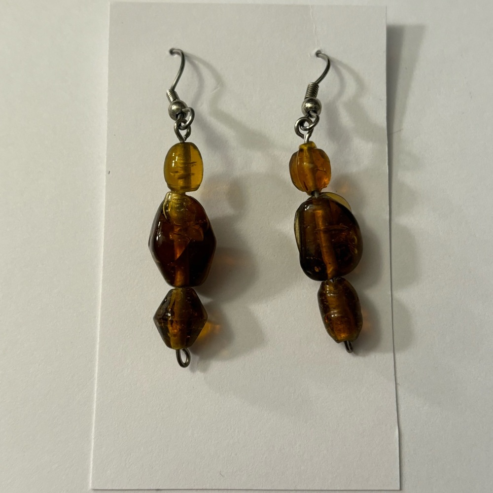 Handmade Handcrafted Beaded Dangle Earrings - silver & brown